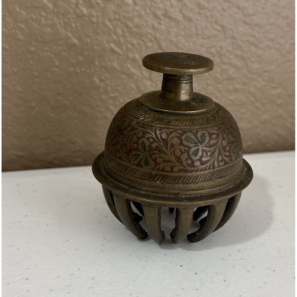 Vintage Elephant Claw /Prayer Bell Brass Floral Leaf Etching 3” Made in India